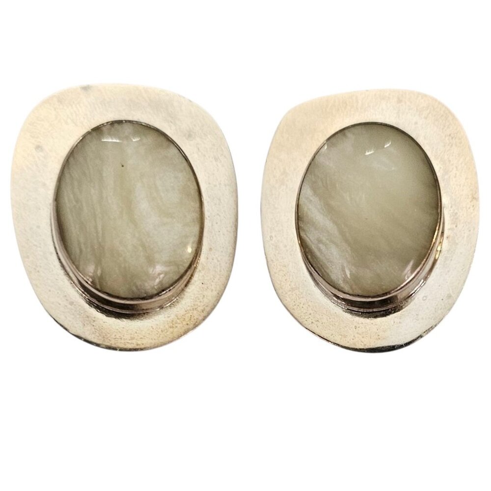 Sterling Silver Oval Pearly Lucite Bezel Set Clip On Earrings 925 Mexico